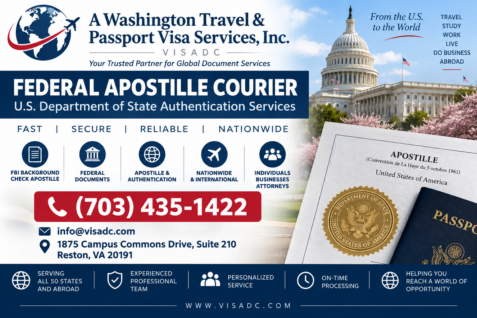 Federal Apostille Courier in Washington DC for FBI background checks and U.S. Department of State authentication services - VisaDC
