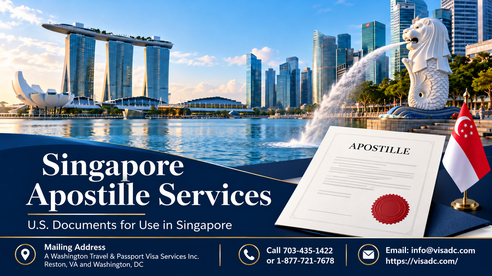 Singapore apostille services banner with Marina Bay skyline and VisaDC contact information.