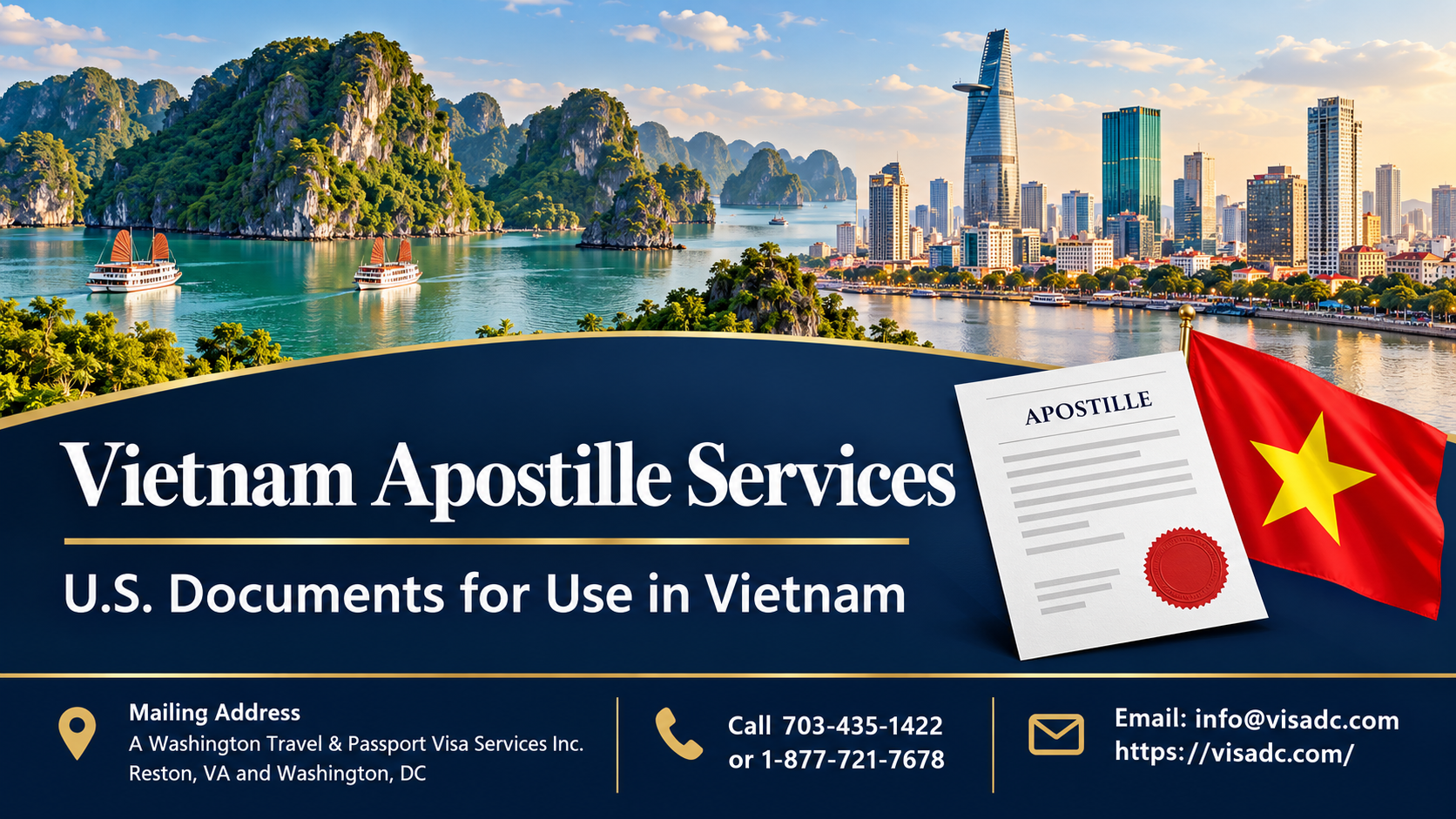 Vietnam apostille services banner featuring Ha Long Bay, the Vietnamese flag, and VisaDC contact information.